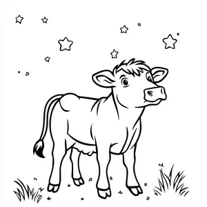 Coloring pages with A cow gazing up at the night stars.