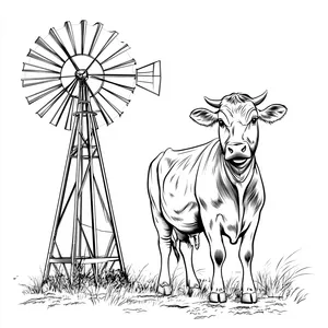 Coloring pages with A cow standing next to a windmill.