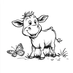 Coloring pages with A curious cow playing with a butterfly.