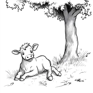 Coloring pages with A cow resting under a shady tree.