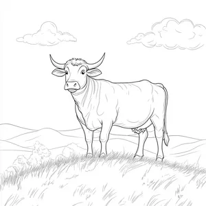 Coloring pages with A cow standing on a grassy hilltop.