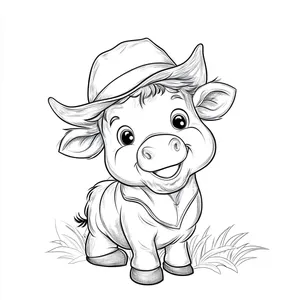 Coloring pages with A cow wearing a farmer's hat for fun.