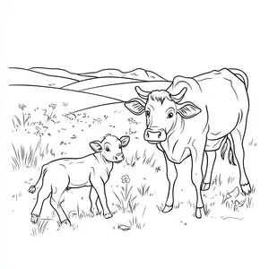 Coloring pages with A cow with its calf in a sunny meadow.