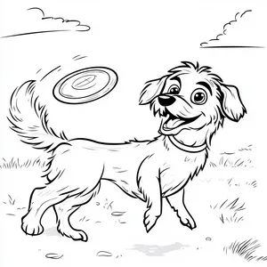 Coloring pages with a dog catching a frisbee in the park