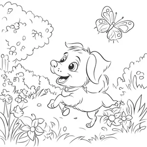 Coloring pages with a dog chasing a butterfly in the garden