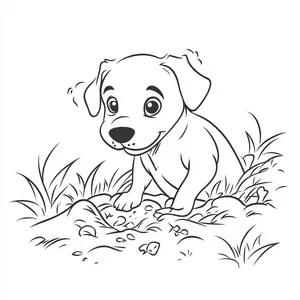 Coloring pages with a dog digging a hole in the garden