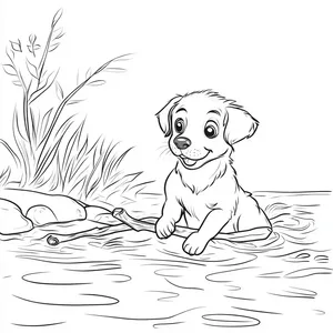 Coloring pages with a dog fetching a stick by the river