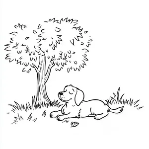 Coloring pages with a dog taking a nap under a tree