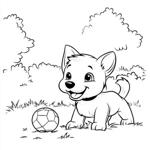 Coloring pages with a dog playing with a ball in the park