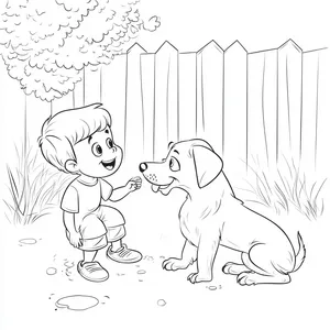 Coloring pages with a dog playing with a child in the backyard