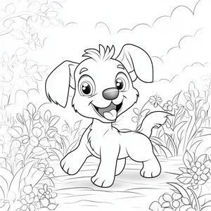 Coloring pages with a dog playing in the garden