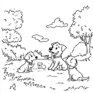 Coloring pages with a dog playing with other dogs in the park