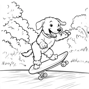 Coloring pages with a dog riding a skateboard in the park