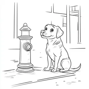 Coloring pages with a dog sitting by a fire hydrant on a city street