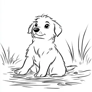 Coloring pages with a dog sitting by a pond