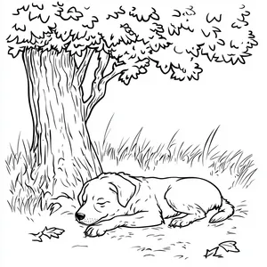 Coloring pages with a dog sleeping under a tree in the backyard