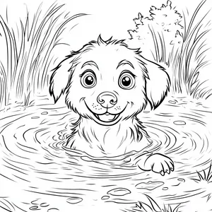 Coloring pages with a dog swimming in a pond