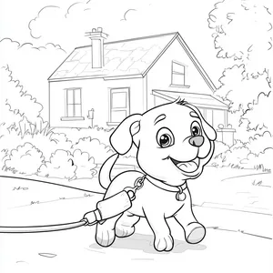 Coloring pages with a dog walking on a leash in the neighborhood