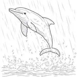 Coloring pages with A dolphin joyfully leaping through a rainy ocean.