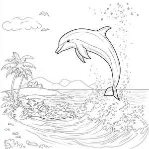 Coloring pages with A dolphin jumping through waves near a tropical island.