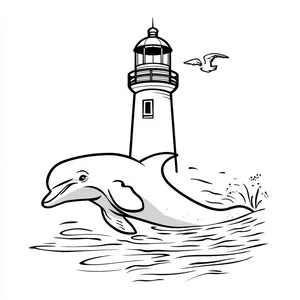 Coloring pages with A dolphin swimming close to a lighthouse.