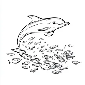 Coloring pages with A dolphin happily playing with a school of fish.