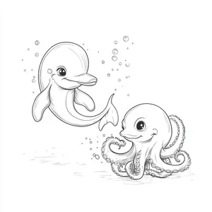 Coloring pages with A dolphin interacting playfully with an octopus.