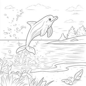 Coloring pages with A dolphin splashing near a sunny beach.