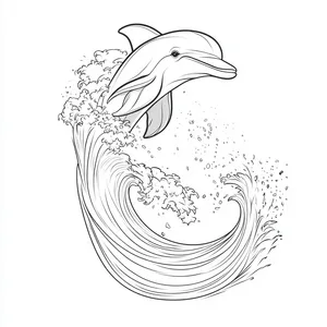 Coloring pages with A dolphin surfing on a big ocean wave.