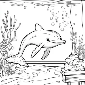 Coloring pages with A dolphin swimming inside a large aquarium tank.