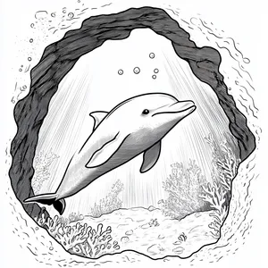 Coloring pages with A dolphin swimming near the entrance of an underwater cave.