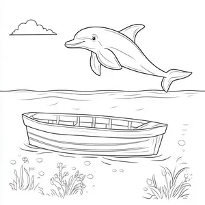 Coloring pages with A curious dolphin swimming under a boat.