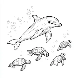 Coloring pages with A dolphin swimming alongside friendly sea turtles.