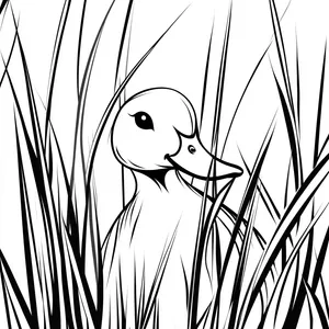 Coloring pages with A duck peeking playfully out of tall grass.