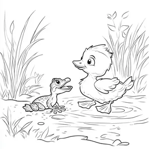 Coloring pages with A duck playing with a friendly frog near a pond.