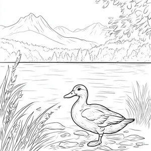 Coloring pages with A duck quacking by a peaceful lake.