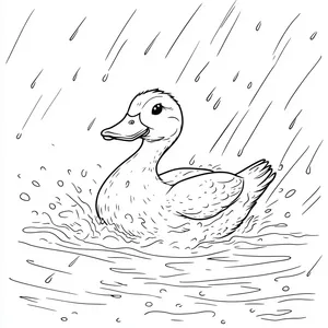 Coloring pages with A duck enjoying splashing in the rain.