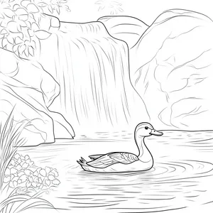 Coloring pages with A duck swimming close to a waterfall.