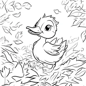 Coloring pages with A duck waddling through colorful autumn leaves.