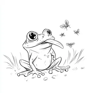 Coloring pages with A frog snapping its tongue to catch flies.