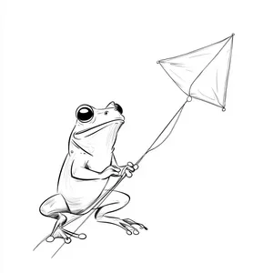 Coloring pages with A frog flying a kite in the sky.