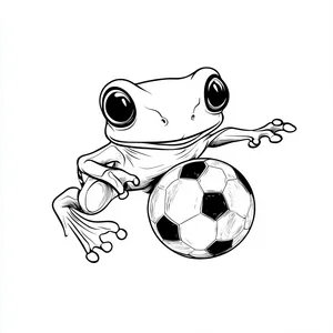 Coloring pages with A frog kicking a soccer ball.