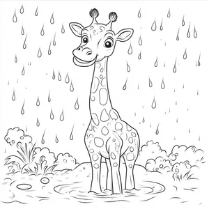 Coloring pages with Giraffe in the rain