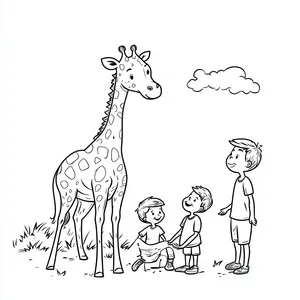 Coloring pages with Giraffe playing with children