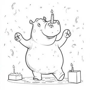 Coloring pages with A joyful hippopotamus dancing at a birthday party.