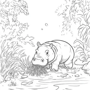 Coloring pages with A friendly hippopotamus munching on grass in the jungle.