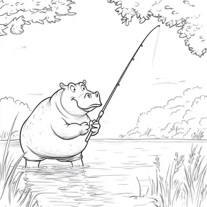 Coloring pages with A patient hippopotamus fishing by the lake.