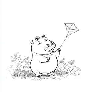 Coloring pages with A delighted hippopotamus flying a kite in the meadow.