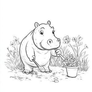 Coloring pages with A hardworking hippopotamus gardening in the backyard.