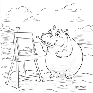 Coloring pages with A creative hippopotamus painting a picture at the beach.